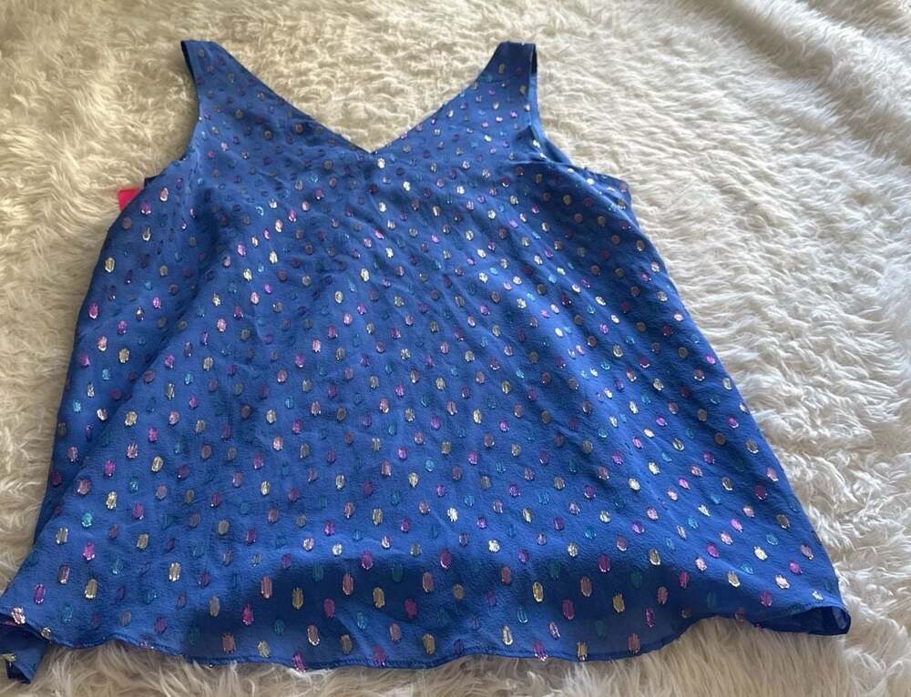 Lilly Pulitzer Florin Silk Sleeveless V-Neck Top Iris Blue Moroccan Metallic Cli - Picture 2 of 6